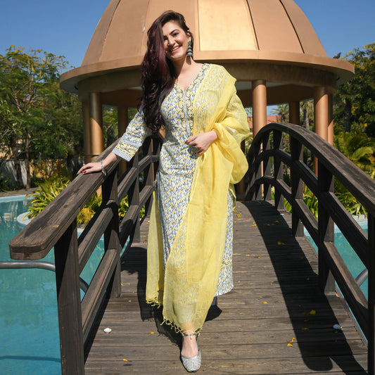 Yellow & White Fancy wear Kurti With Bottom Dupatta set