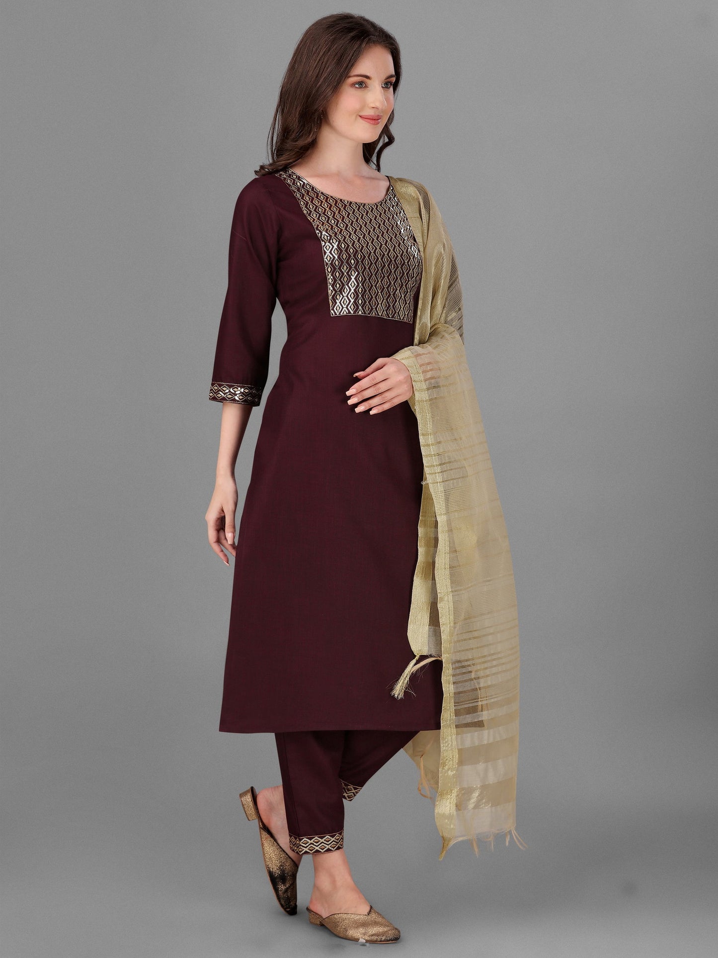 Womens Maroon Colour Cotton Kurta Pant With Dupatta Set