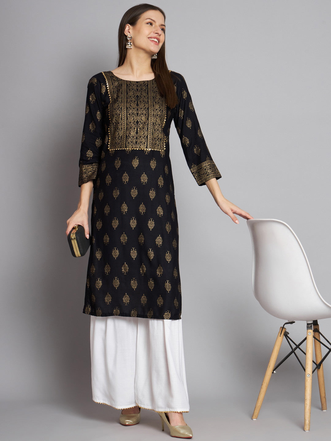 Black Colour Reyon Foil Print Party Wear Kurta Sharara Set