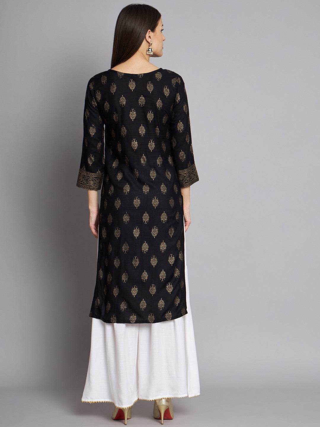 Black Colour Reyon Foil Print Party Wear Kurta Sharara Set