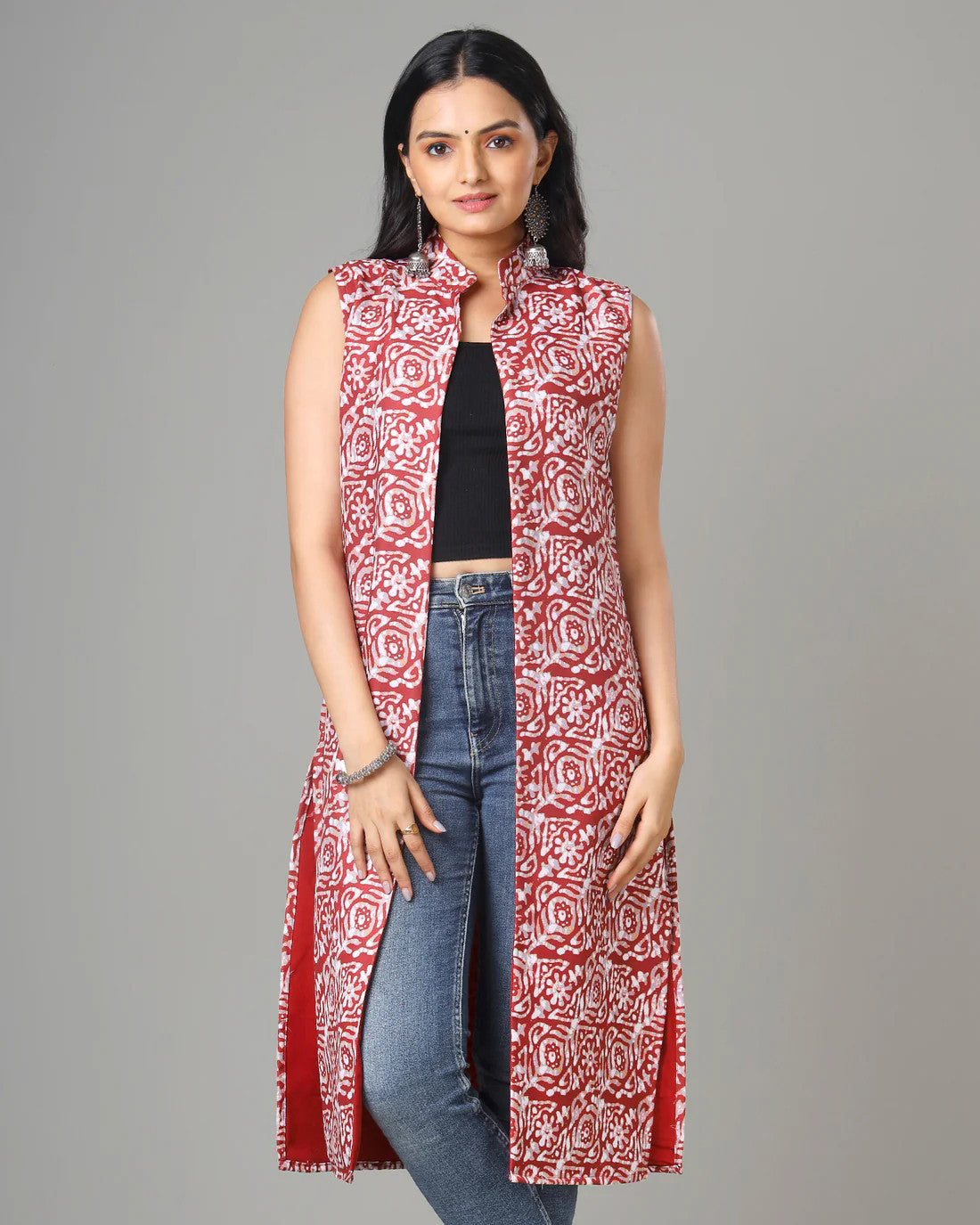 Maroon Colour Printed Long Jacket For Women's