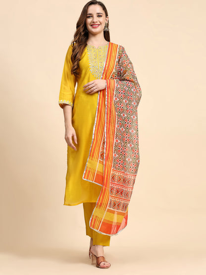 Yellow Colour Blend Silk Embroidery Work Party Wear Kurta Pant Dupatta Set For Women's