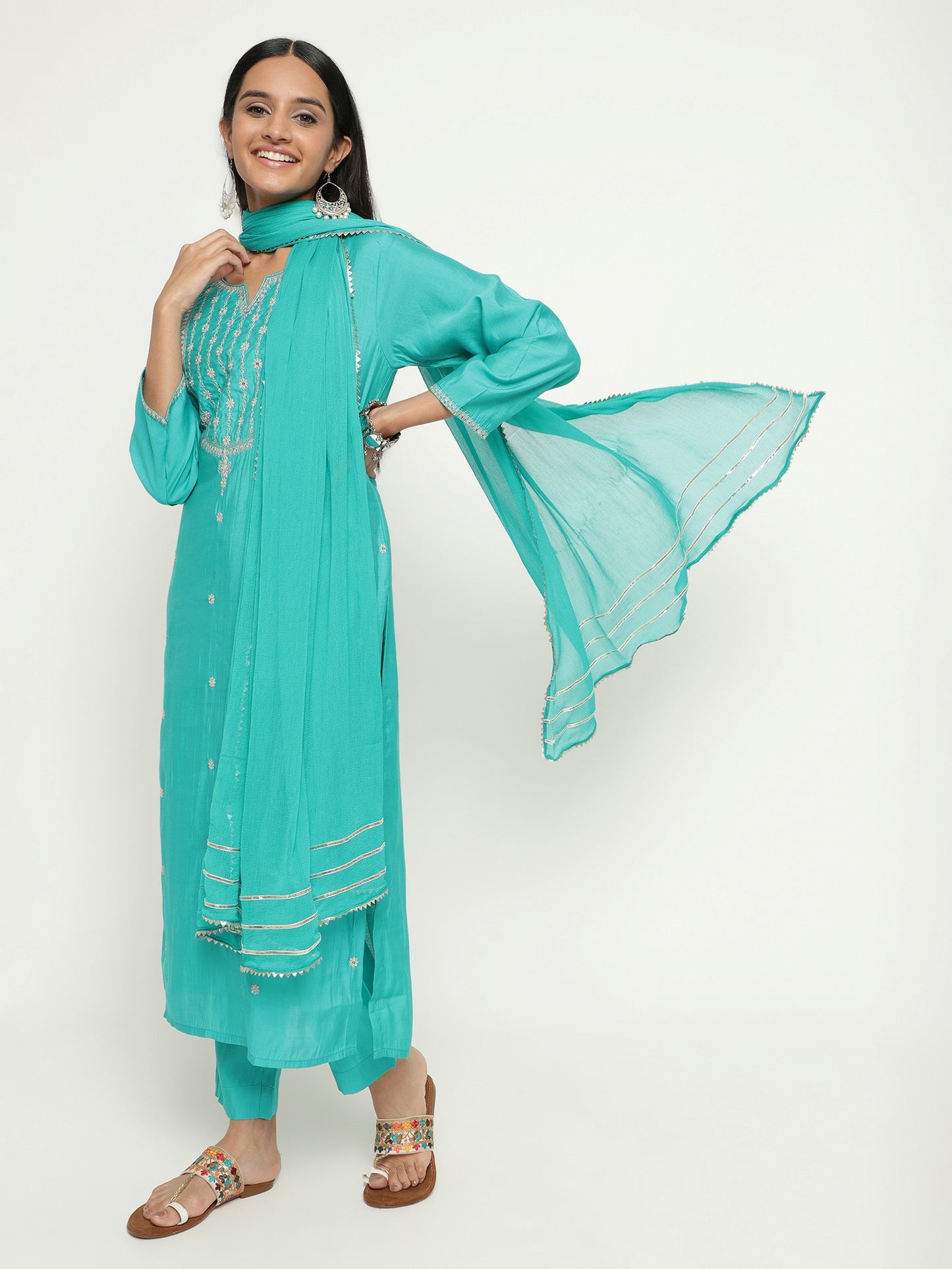 Aqua Colour Blend Silk Embroidery Work Party Wear Kurta Pant Dupatta Set For Women's