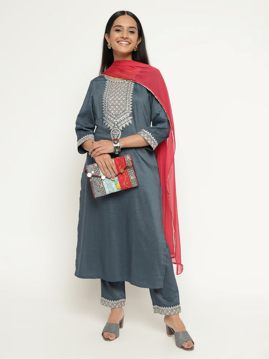 Grey Colour Blend Silk Embroidery Work Party Wear Kurta Pant Dupatta Set For Women's