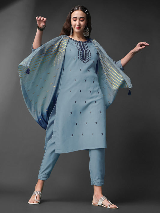 Sky Blue Rayon Slub Round Shape Embroidery Worked Kurta Set