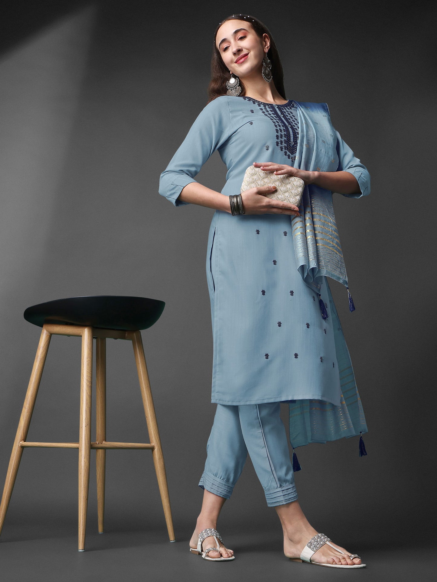 Sky Blue Rayon Slub Round Shape Embroidery Worked Kurta Set