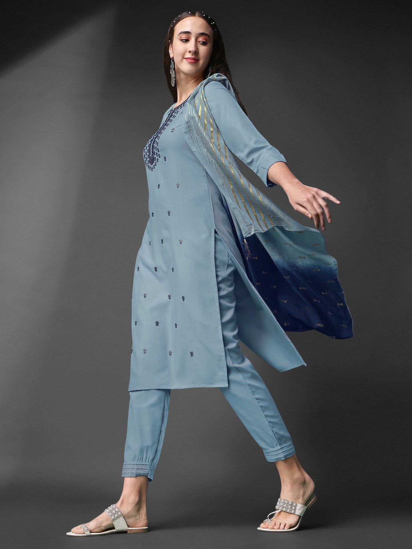 Sky Blue Rayon Slub Round Shape Embroidery Worked Kurta Set