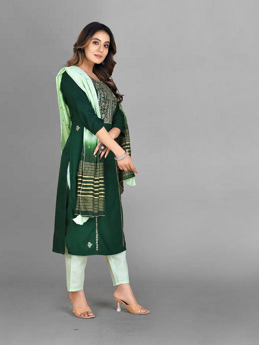 Green Party Wear Embroidery Worked Kurta With Pant And Duppata Set