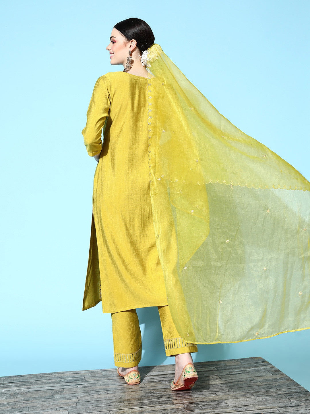 Lemon Party Wear Embroidery Worked Kurta With Pant And Duppata Set