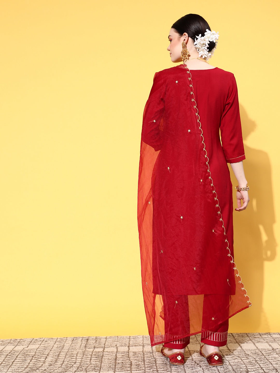 Red Party Wear Embroidery Worked Kurta With Pant And Duppata Set