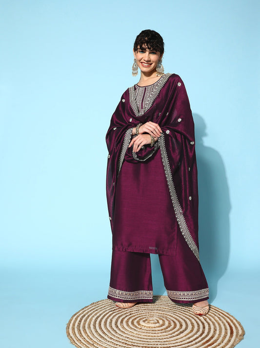 Purple Party Wear Embroidery Worked Kurta With Pant And Duppata Set