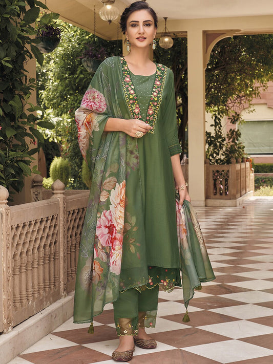 Green Party Wear Embroidery Worked Kurta With Pant And Duppata Set