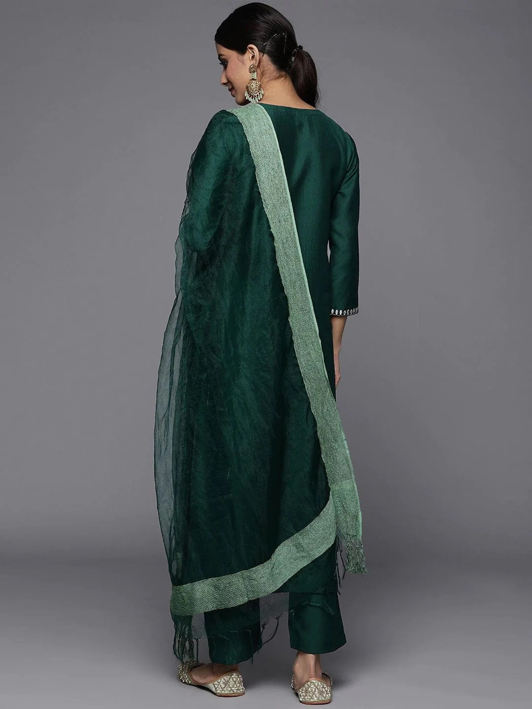 Green Party Wear Embroidery Worked Kurta With Pant And Duppata Set