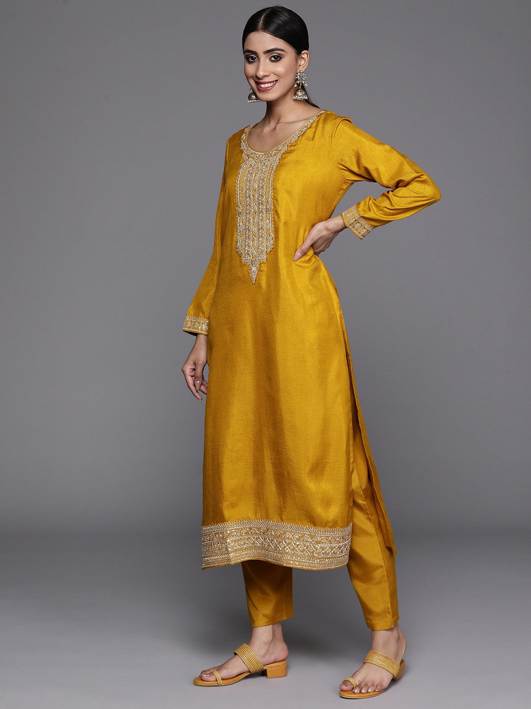 Yellow Party Wear Embroidery Worked Kurta With Pant And Duppata Set