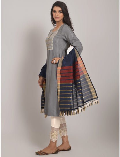 Grey Party Wear Embroidery Worked Kurta With Pant And Duppata Set