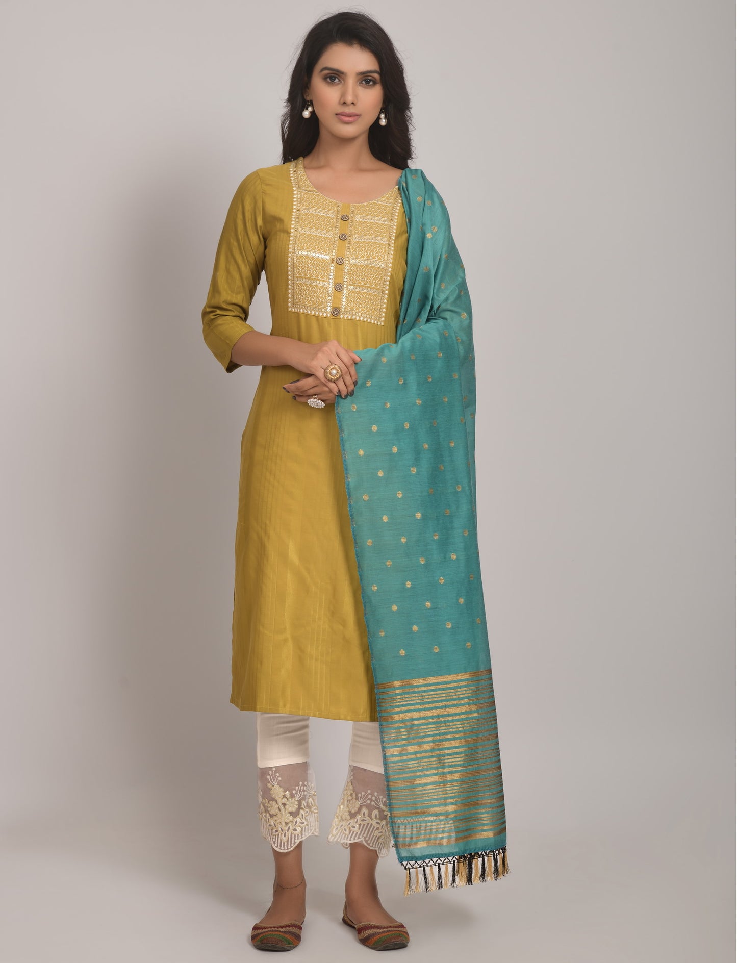 Yellow Party Wear Embroidery Worked Kurta With Pant And Duppata Set