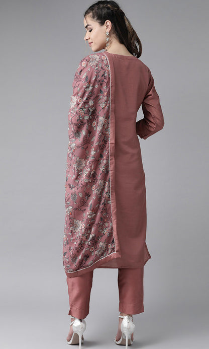 Peach Party Wear Embroidery Worked Kurta With Pant And Duppata Set