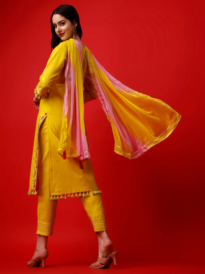 Yellow Party Wear Embroidery Worked Kurta With Pant And Duppata Set