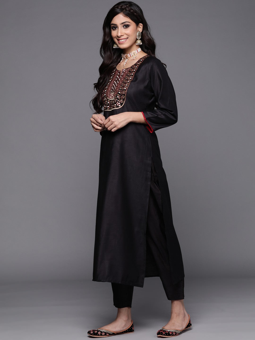 Black Party Wear Embroidery Worked Kurta With Pant And Duppata Set