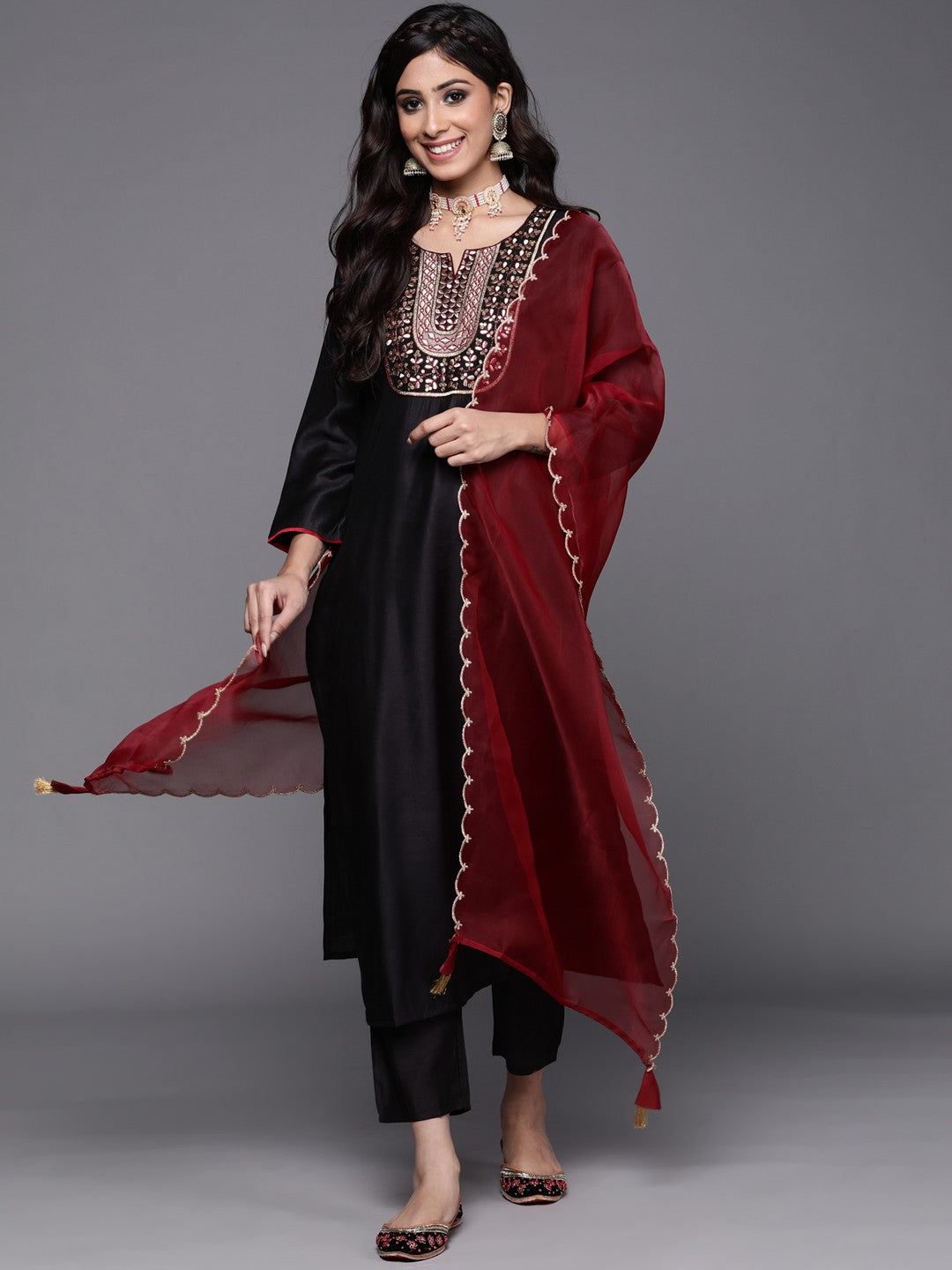 Black Party Wear Embroidery Worked Kurta With Pant And Duppata Set