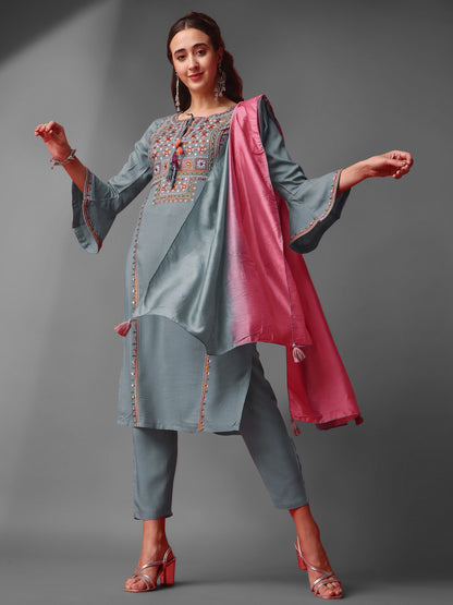 Grey Party Wear Embroidery Worked Kurta With Pant And Duppata Set