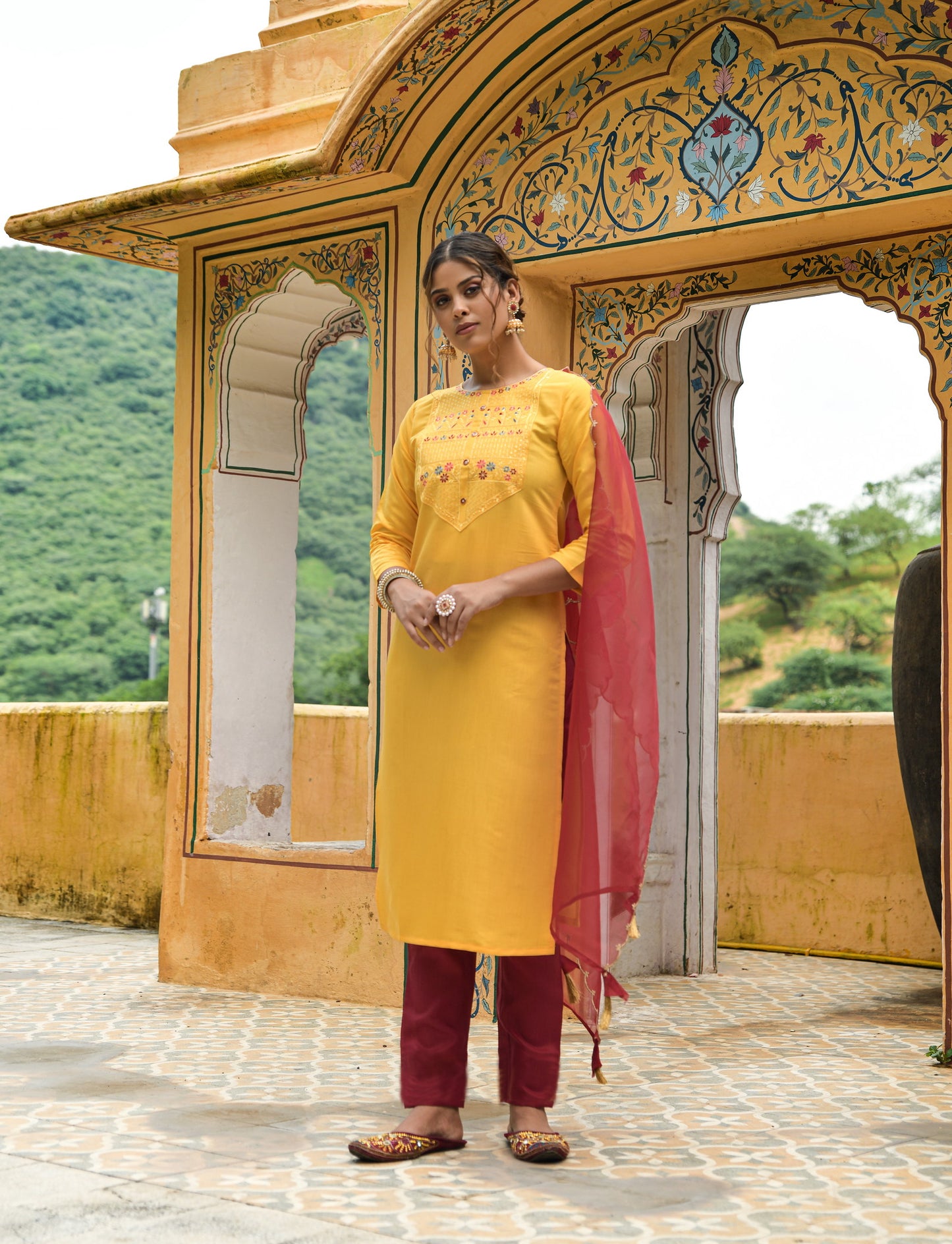 Yellow Party Wear Embroidery Worked Kurta With Pant And Duppata Set