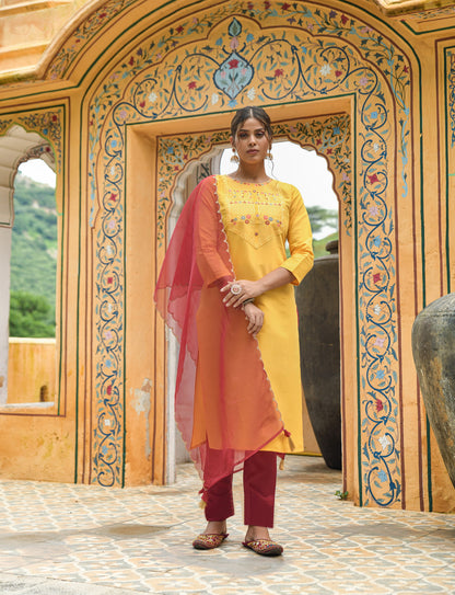 Yellow Party Wear Embroidery Worked Kurta With Pant And Duppata Set