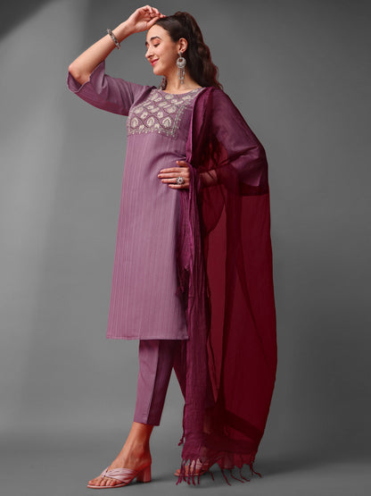 Purple Party Wear Embroidery Worked Kurta With Pant And Duppata Set