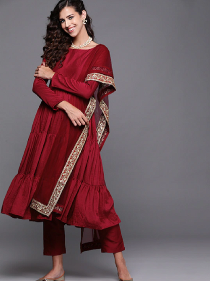 Red Party Wear Embroidery Worked Kurta With Pant And Duppata Set