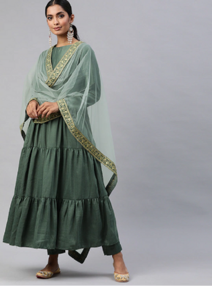 Green Party Wear Embroidery Worked Kurta With Pant And Duppata Set