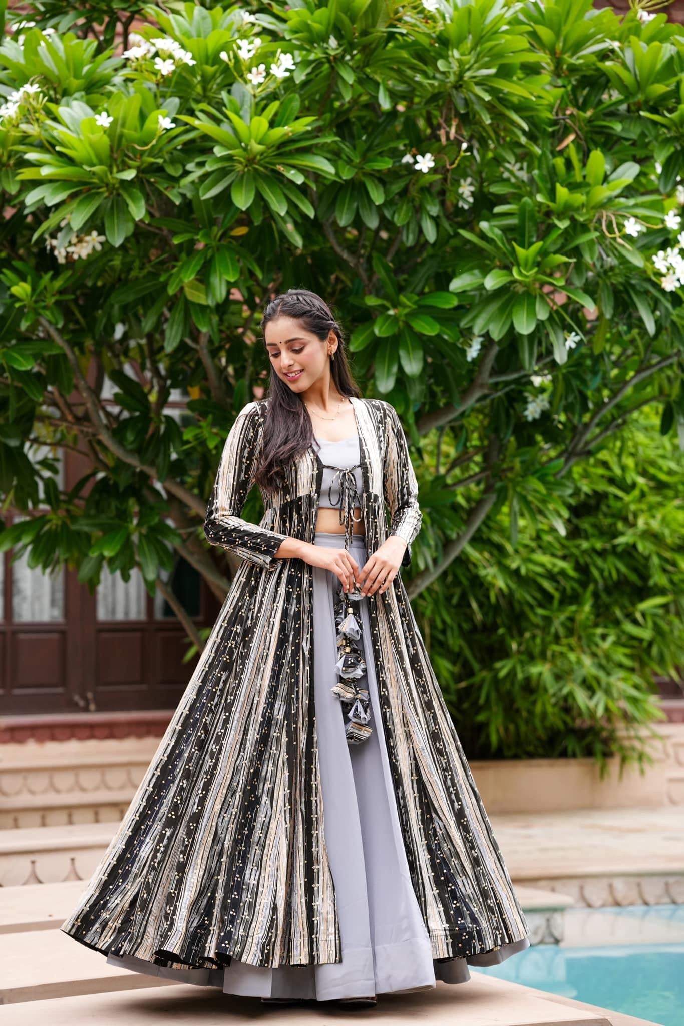 Light Gray Printed  Shrug Style Indo Western Gown For Women