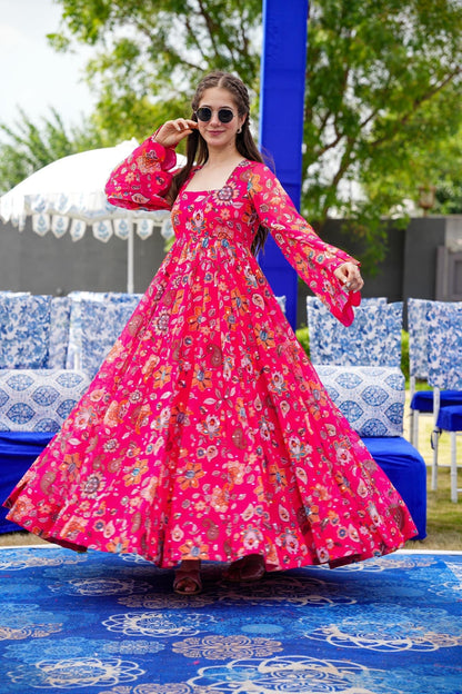 Pink Floral Designer and Stylish Full Flair Gown For Women