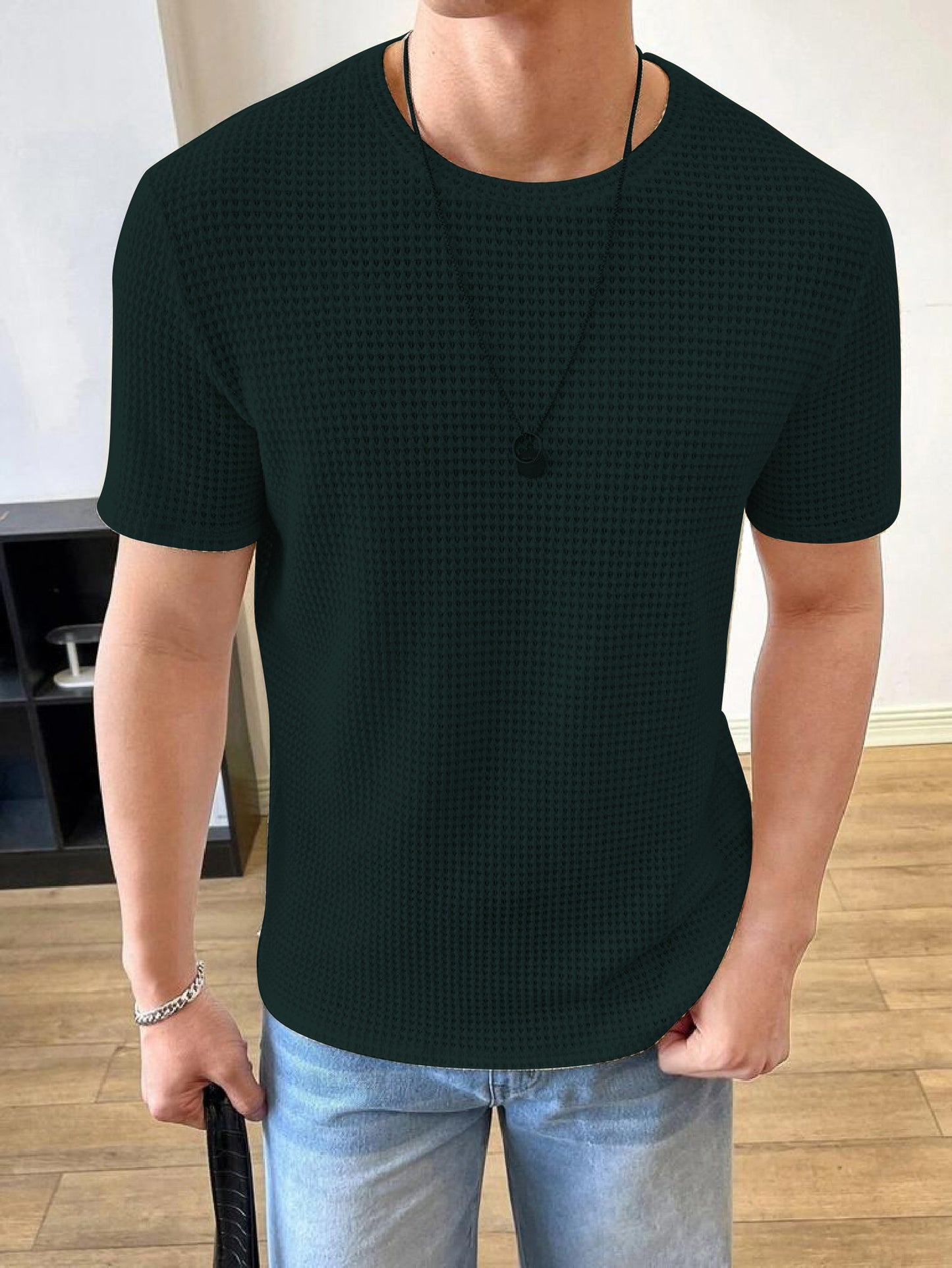 Men Solid Round Neck Waffle Dark Green T-Shirt