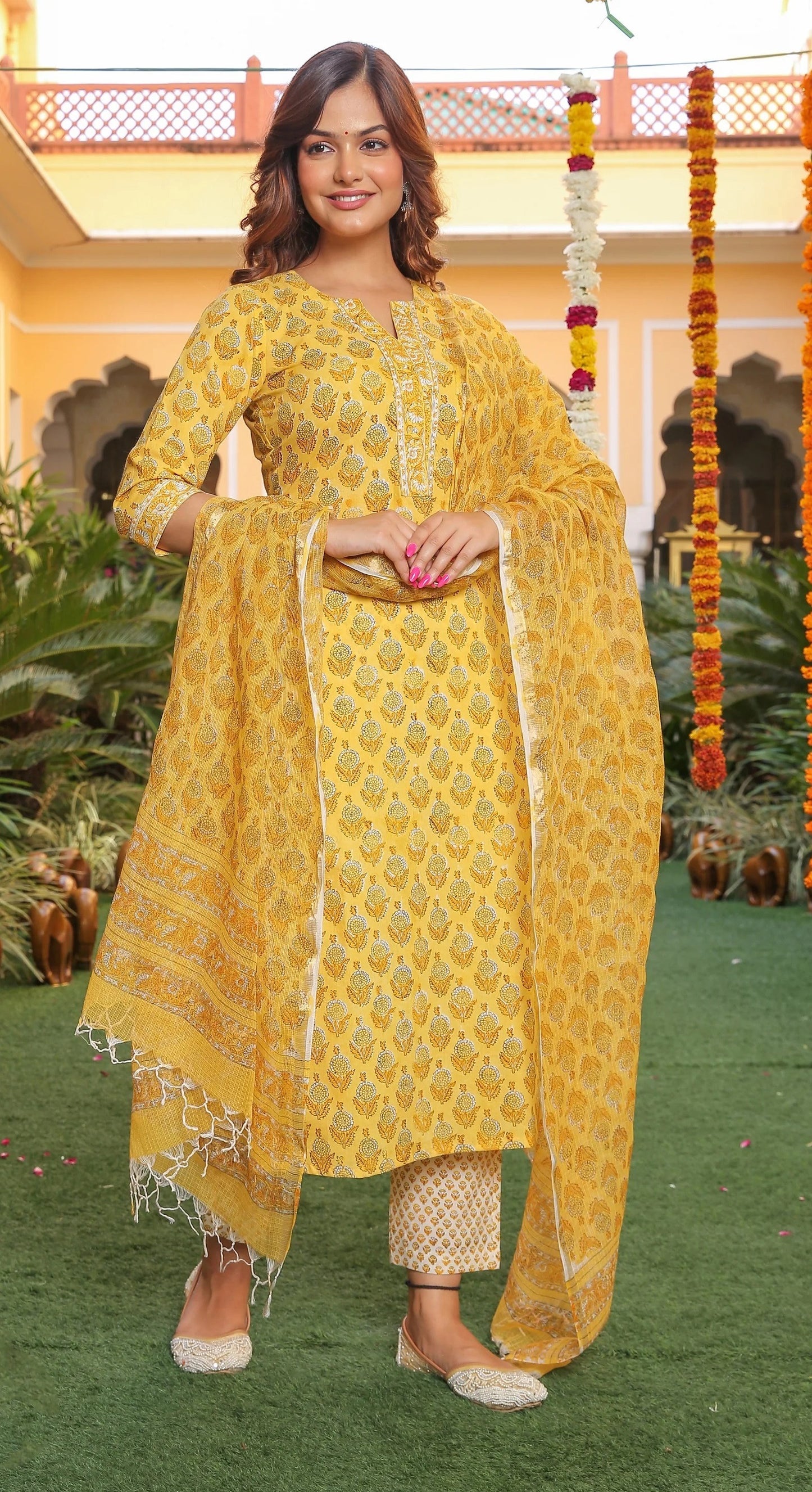 Yellow Printed Straight Kurta and Pant Set with Dupatta