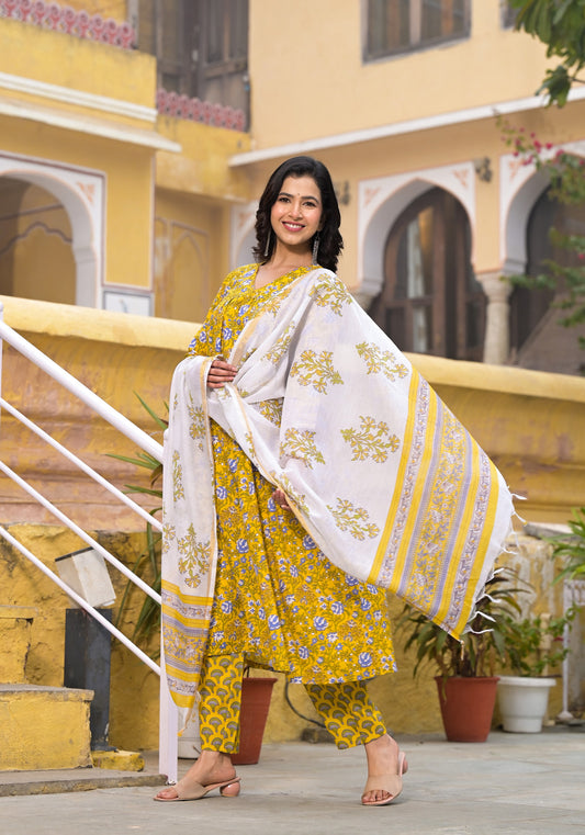 Block Printed Kurta and Pant Set with Dupatta in Yellow Color for Women