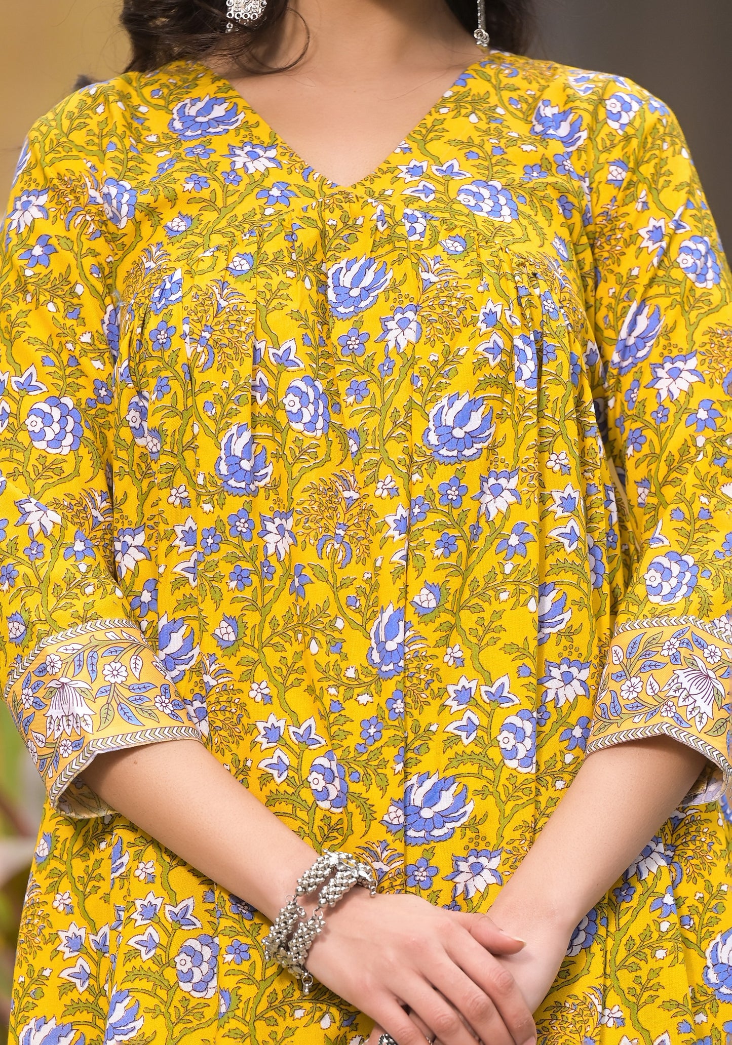 Block Printed Kurta and Pant Set with Dupatta in Yellow Color for Women