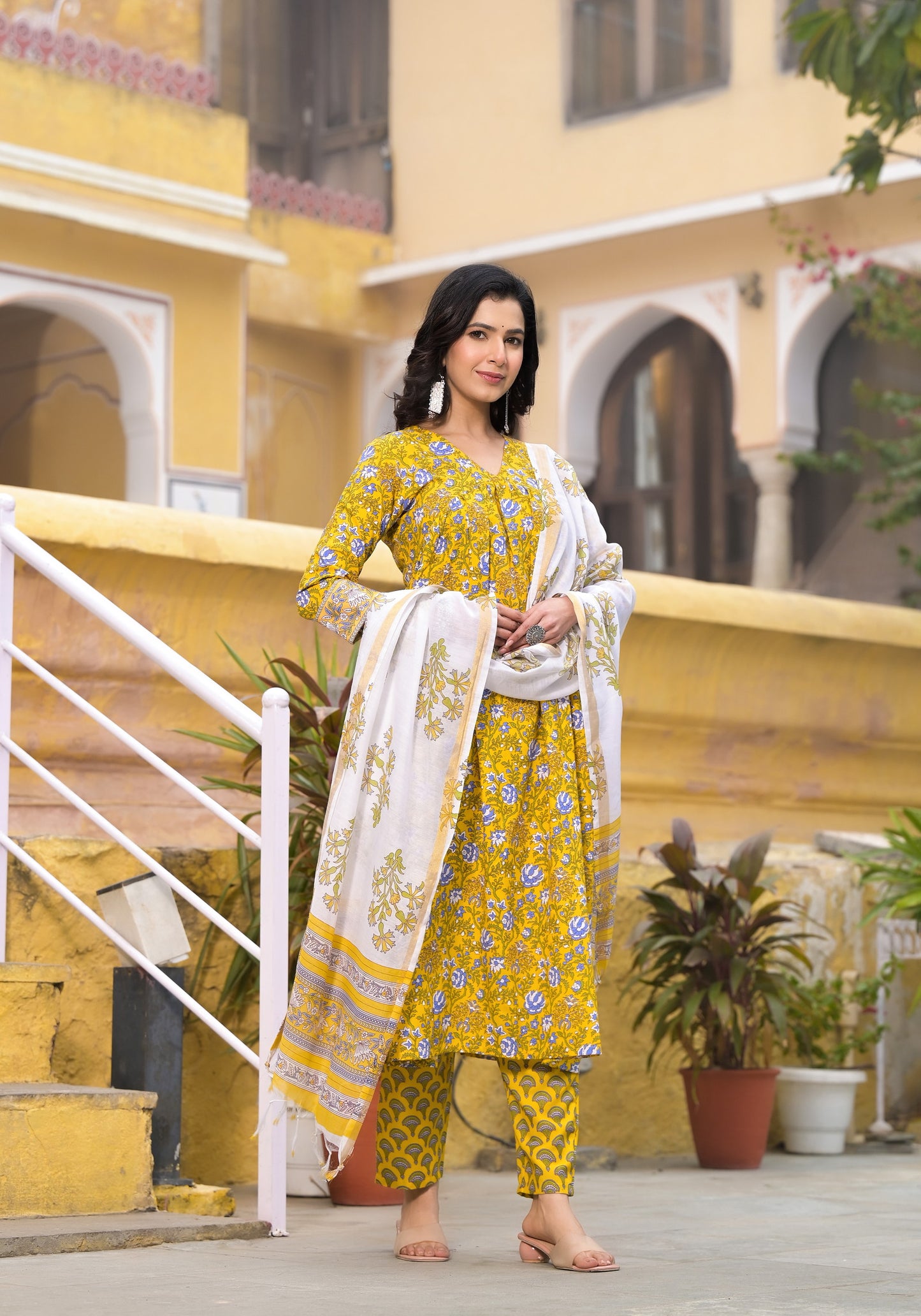 Block Printed Kurta and Pant Set with Dupatta in Yellow Color for Women