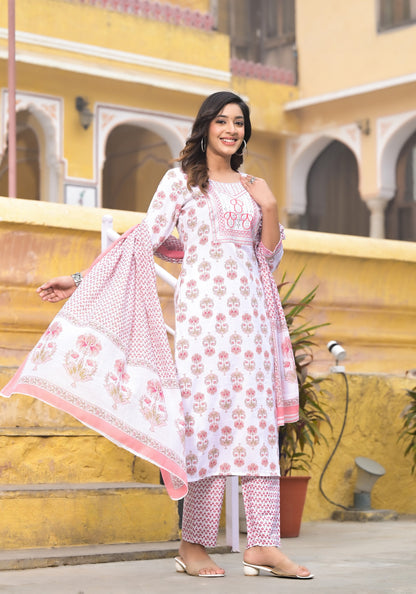 Pink and White Color Straight Kurta set with Dupatta and pant