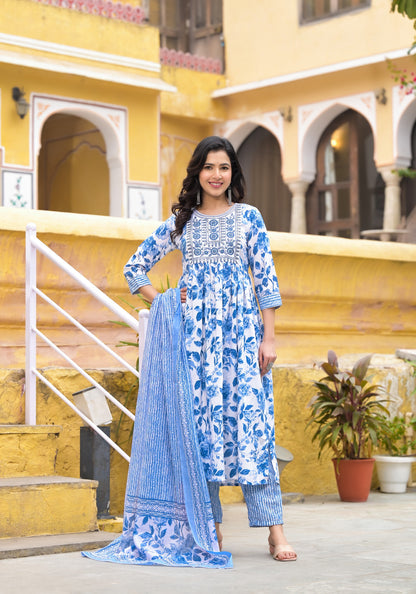 Blue and White Simple Daily Wear Kurta Set for Women