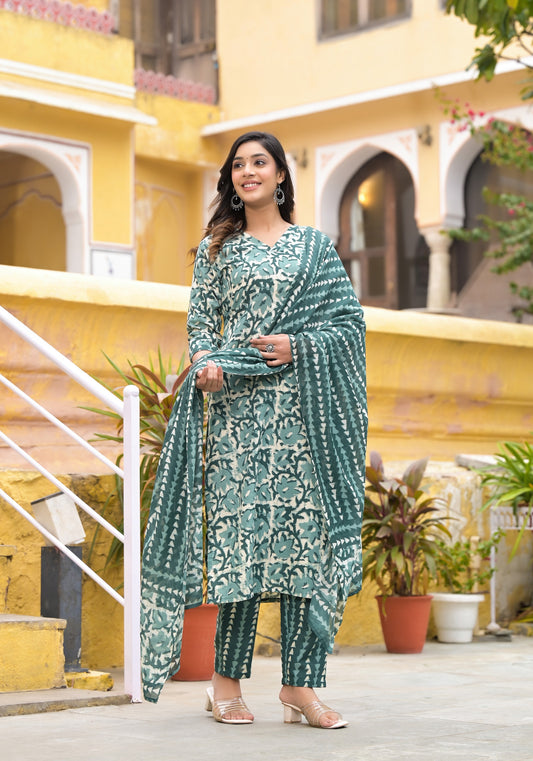 Women Straight Block Printed Kurta and Pant Set with Dupatta in Beautiful Color