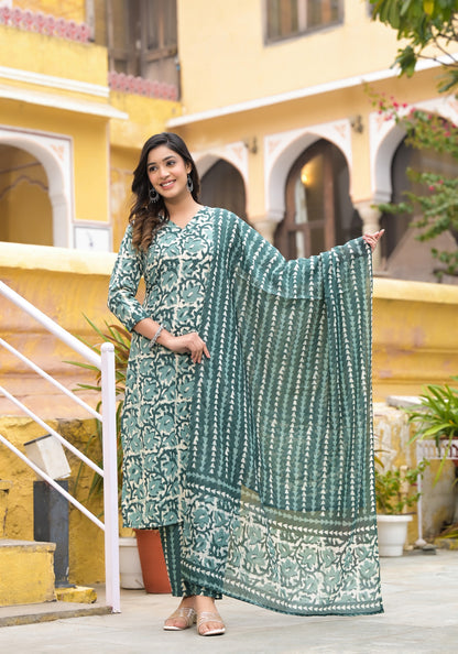 Women Straight Block Printed Kurta and Pant Set with Dupatta in Beautiful Color