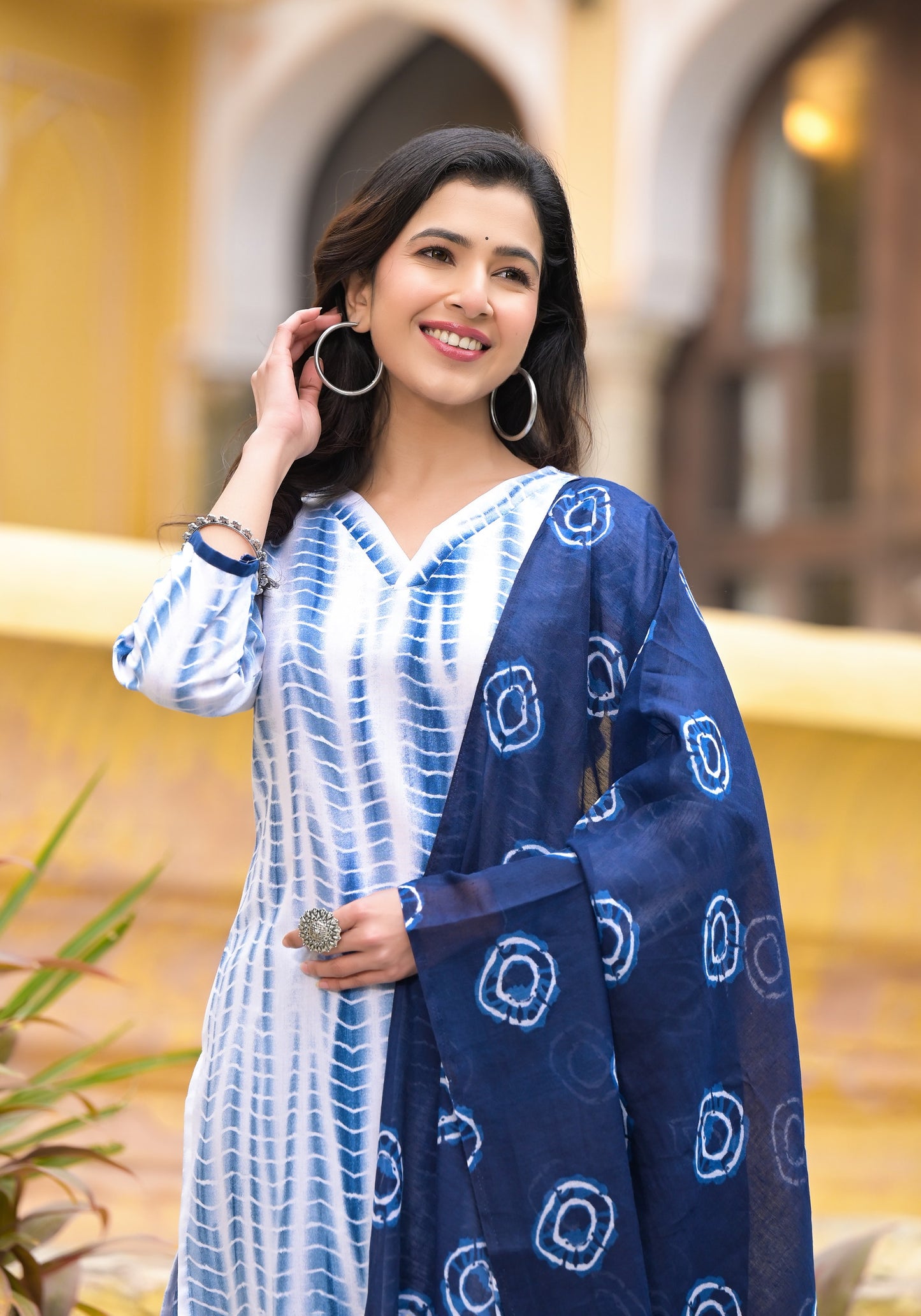 White and Blue Color Tie Die printed Kurta set with Bottom and Dupatta