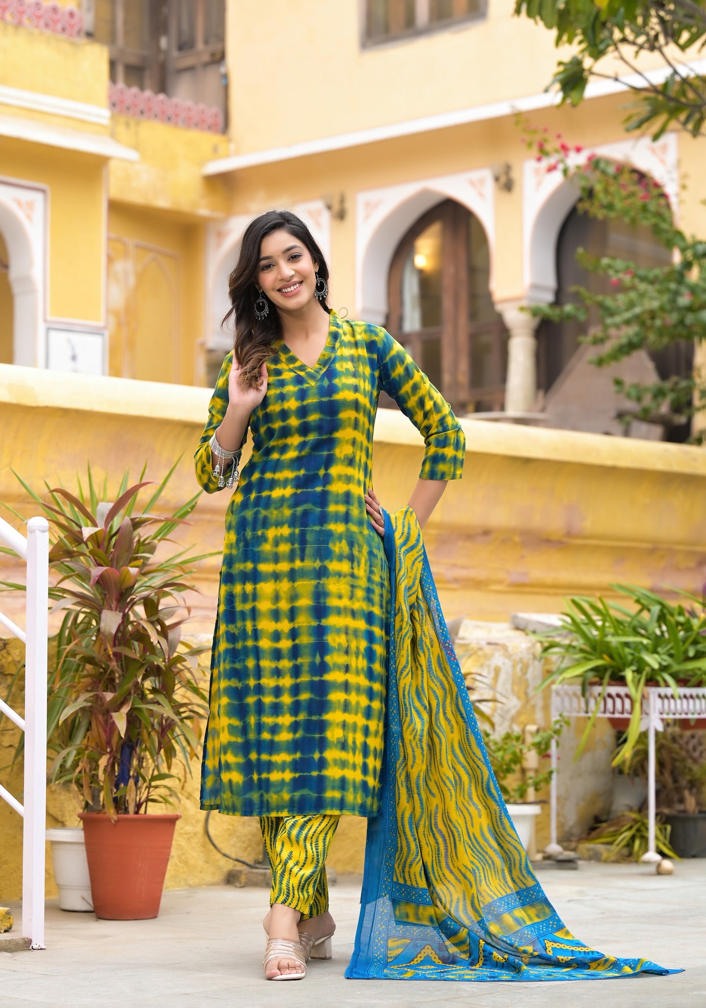 Simple and Beautiful Tie Die Printed Kurta Set with Bottom and Dupatta