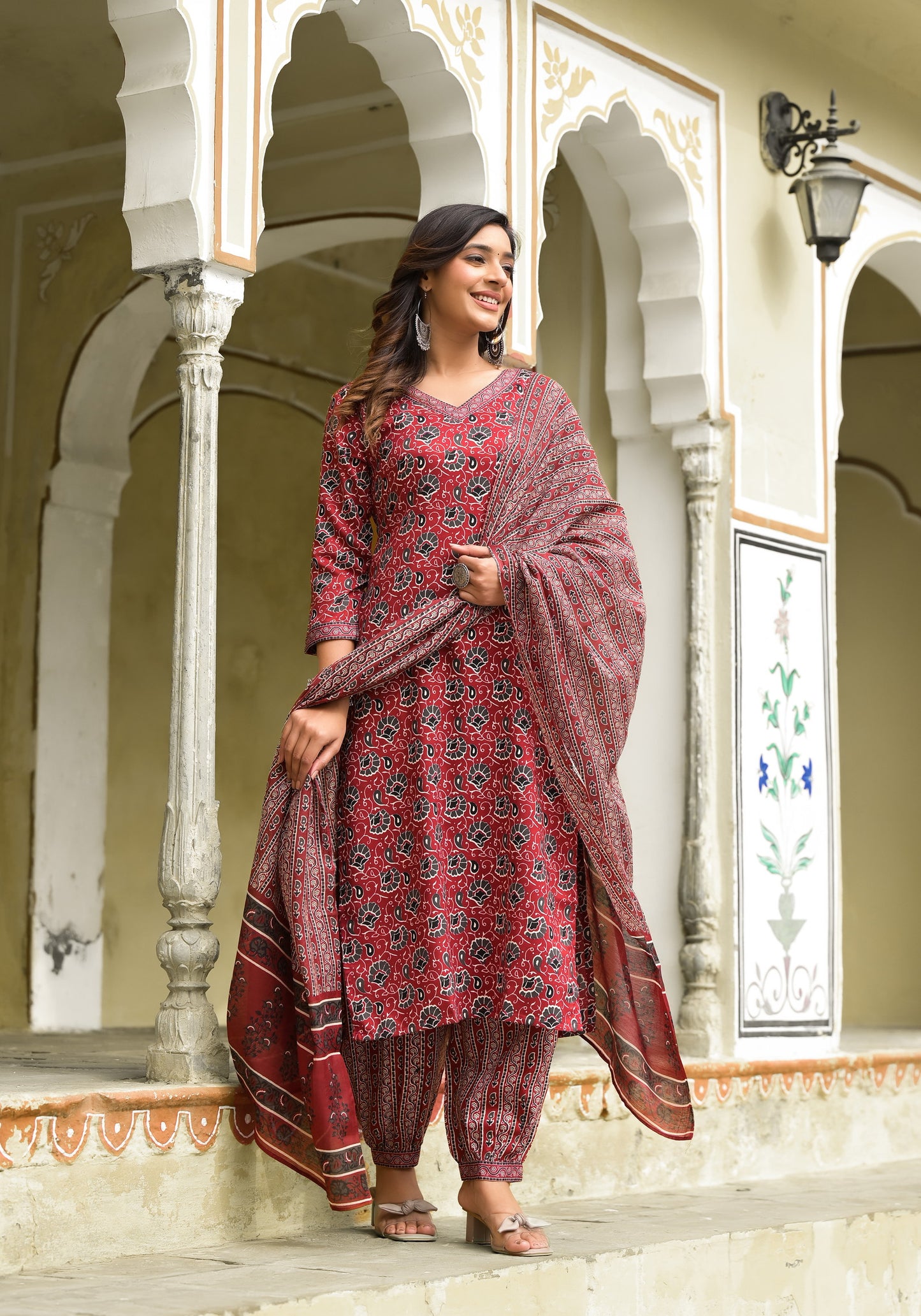 Maroon Color Straight Kurta Pant and printed Dupatta Set For Women