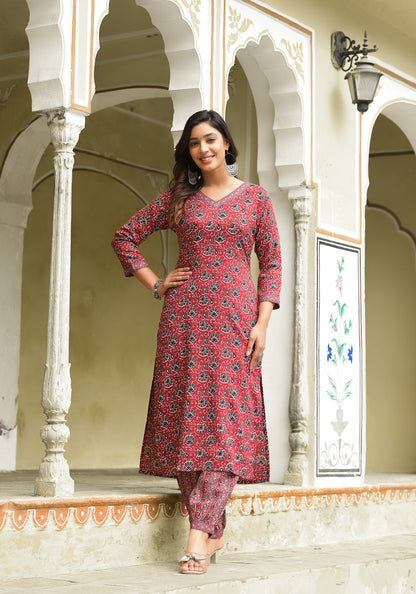 Maroon Color Straight Kurta Pant and printed Dupatta Set For Women