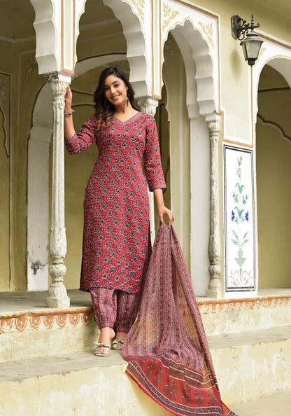 Maroon Color Straight Kurta Pant and printed Dupatta Set For Women