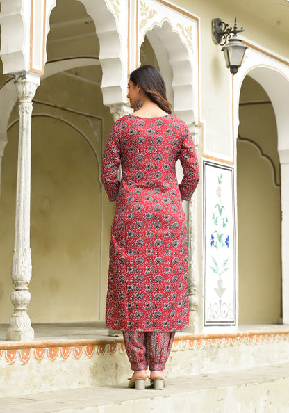 Maroon Color Straight Kurta Pant and printed Dupatta Set For Women