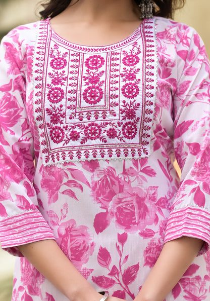 White and Pink Beautiful Daily Wear Kurta set with Dupatta and Bottom Wear