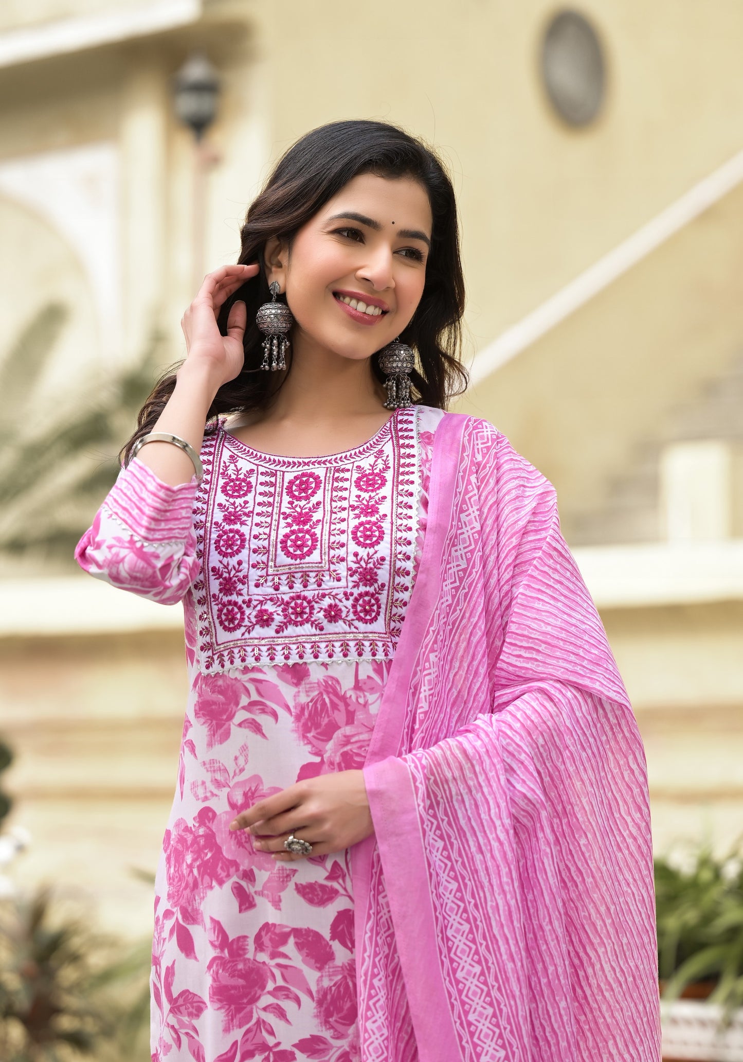 White and Pink Beautiful Daily Wear Kurta set with Dupatta and Bottom Wear