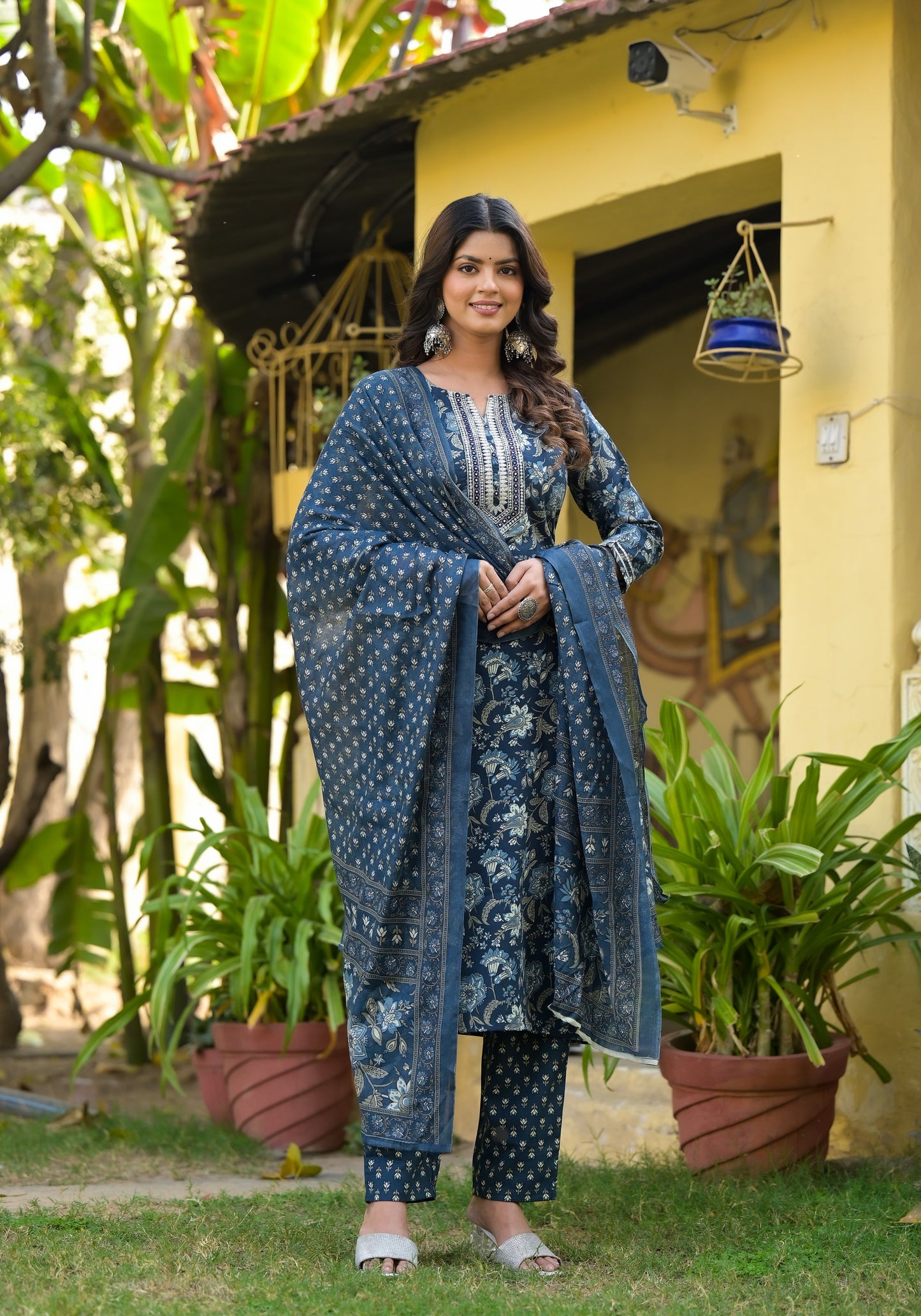 Blue Printed Straight Kurta Set with Bottom Wear and Dupatta